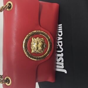 Just Cavalli Coral-Red Leather Shoulder Bag with Gold Medallion